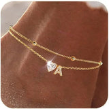 Ankle Bracelets for Women Waterproof 14K Gold Plated CZ Initial Dainty Layered Heart Anklets Foot Chain Summer Beach Jewelry