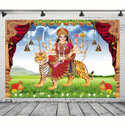 2D flat, 1 piece Indian God background - traditional Hindu Goddess Devali goddess Durga with tiger