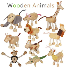 Wooden Action Toy Figures Simulation Animal Movable Joint Model Doll Elephant Monkey Giraffe Lion Educational Toys For Children