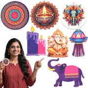 Diwali Themed Decor - Wooden Chip Hangers (Elephant & Candle) - Indian Festival of Lights Party Ornaments