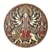 2D Flat, Vintage Indian Goddess Durga Wall Art, 8x8In/11.8x11.8In Round Aluminum Plaque with Intricate Traditional Design