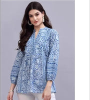 Indian Traditional Women's Clothing Ethnic Style Printed V-Neck Pure Cotton Top