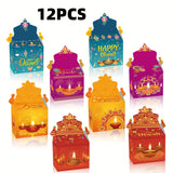 12pcs Happy Diwali Party Favors - Pre-Made Indian Festival Boxes with Diya Designs, Deep Red, Orange, Purple, Blue, Golden