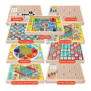 Chess Game 9 In 1 Mini Checkerboard Wooden Flying Chess Chinese Checkers Flying Ludo Board Set Portable Wooden Tabletop Game Toy