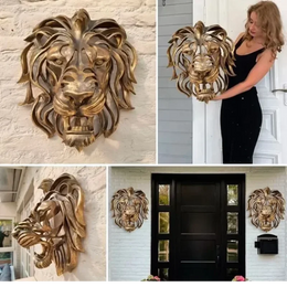 Wall Hanging Lion Head Art Sculpture Cool Gold Lion King Resin Sculpture Entryway Bedroom Home Wall Hangings Luxury Wall Decor