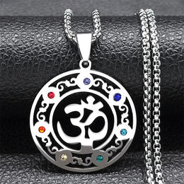 Yoga Meditation OM Symbol Necklace for Women Men Stainless Steel 7 Chakra Reiki Healing Buddhist Chain Jewelry collier N9721S01