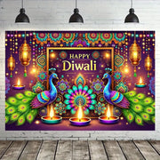 1 Vibrant Diwali Backdrop Cloth - Colorful Peacock and Diya Design, No Power Required