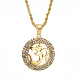 Hip Hop Iced Out Bling Yoga Pendant Gold Color Stainless Steel OHM Hindu Buddhist AUM OM Round Necklaces for Men Jewelry Gift