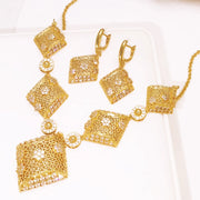 GZJPEI Dubai Gold Color Jewelry Sets African Indian Wedding Gifts Square Pendant Necklace Bracelet Earring Ring 4Pcs/Set 2025