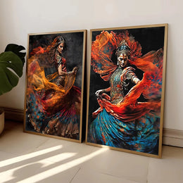 ભારતીય મહિલા લોક નૃત્ય પોસ્ટર એથનિક ગર્લ્સ કેનવાસ પેઇન્ટિંગ પ્રિન્ટ વોલ આર્ટ ચિત્રો લિવિંગ રૂમ હોમ ડેકોર માટે કુઆડ્રોસ