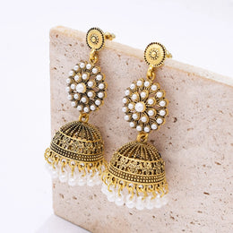 Traditional Indian Jhumka Earrings for Women Vintage Golden Silvery Bell Peacock Pearl Beads Pendant Earrings Turkish Jewelry