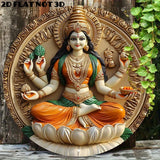 2D Flat Round Aluminum Wall Art Decor - Laxmi Goddess on For Lotus, Vibrant Hindu Deity Design, Religious, Indian Home Decor