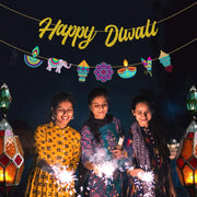 Diwali Party Decorations Happy Diwali Gold Glitter Banner, Indian Festival of Lights Themed Garland for Hindu Party Decor