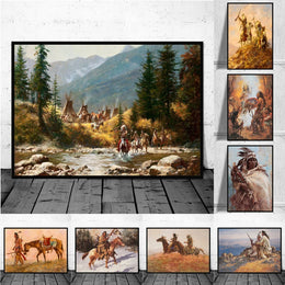 અમેરિકન ઇન્ડિયન આર્ટ કેનવાસ પેઇન્ટિંગ પ્રિન્ટ પિક્ચર્સ નેટિવ અમેરિકન રાઇડિંગ હોર્સ આર્ટ પોસ્ટર્સ ફેમિલી લિવિંગ રૂમ વોલ હોમ ડેકોર