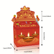 12pcs Happy Diwali Party Favors - Pre-Made Indian Festival Boxes with Diya Designs, Deep Red, Orange, Purple, Blue, Golden