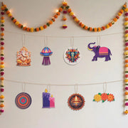 Diwali Themed Decor - Wooden Chip Hangers (Elephant & Candle) - Indian Festival of Lights Party Ornaments