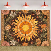 1pc Sun and Moon Tapestry, Yellow Floral Pattern, Polyester Fabric Wall Hanging for Door, Wall, Patio