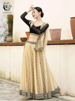 ન્યૂ યિમન એક્ઝોટિક ઇન્ડિયન ડાન્સ ડ્રેસ એથનિક સ્ટાઇલ ફીમેલ બેલી ડાન્સ સ્કાર્ફ ટોપ લાર્જ સ્વિંગ સ્કર્ટ લેન્ઘા સેટ