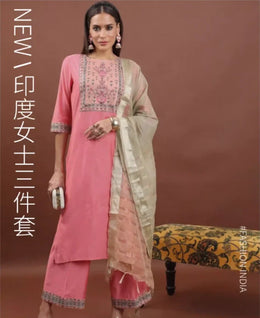 Indian women's traditional round neck cotton blend retro printed three piece set