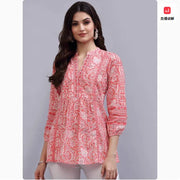 Indian Women's Spring and Summer Printed Stand Collar Pure Cotton Top Clothing