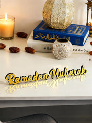 Ramadan Mubarak Golden Tabletop Ornaments Wooden Stand Calligraphy Sign Islamic Festive Desktop Decor for Ramadan&Eid Home Gifts