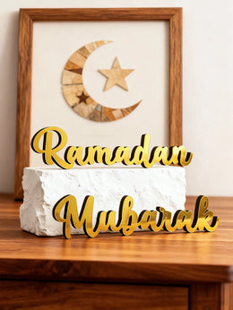 Ramadan Mubarak Golden Tabletop Ornaments Wooden Stand Calligraphy Sign Islamic Festive Desktop Decor for Ramadan&Eid Home Gifts