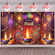 1pc 2D Flat Festive Diwali Party Banner - Vibrant Fireworks and Diya Design, No Power Required——sym