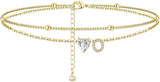 Ankle Bracelets for Women Waterproof 14K Gold Plated CZ Initial Dainty Layered Heart Anklets Foot Chain Summer Beach Jewelry