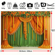 બહુમુખી ભારતીય પૂજા થીમ આધારિત પાર્ટી બેકડ્રોપ્સ - કેલેંડુલા માળા ડિઝાઇન, જન્મદિવસ, વર્ષગાંઠો અને વધુ માટે પોલિએસ્ટર