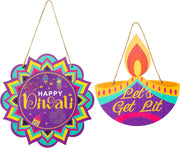 2Pcs Wooden Diwali Door Sign - 'Happy Diwali' Hanging Plaque with Rope for Indian Festival Decor, Wall Welcome Decorations