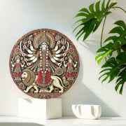 2D Flat, Vintage Indian Goddess Durga Wall Art, 8x8In/11.8x11.8In Round Aluminum Plaque with Intricate Traditional Design