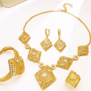 GZJPEI Dubai Gold Color Jewelry Sets African Indian Wedding Gifts Square Pendant Necklace Bracelet Earring Ring 4Pcs/Set 2025