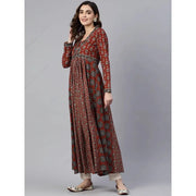 વસંત ઉનાળામાં મહિલાઓ માટે એથનિક પ્રિન્ટ વી-નેક લાંબી સ્લીવ અનારકલી કુર્તા ડ્રેસ પરંપરાગત ભારતીય ટ્યુનિક મેક્સી ડ્રેસ