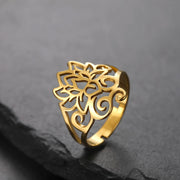 Skyrim Retro Lotus OM Symbol Open Ring Stainless Steel Women's Buddhist Adjustable Talisman Couple Anniversary Jewelry Gift