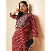 વસંત ઉનાળામાં મહિલાઓ માટે એથનિક મરૂન ફ્લોરલ પ્રિન્ટ કુર્તા ઇન્ડિયન ટ્યુનિક ટોપ લોંગ કુર્તી ડ્રેસ બોહો ચિક થિન ડેઇલી વેર