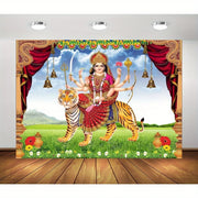 2D flat, 1 piece Indian God background - traditional Hindu Goddess Devali goddess Durga with tiger