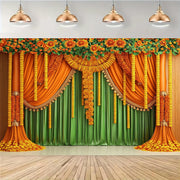 બહુમુખી ભારતીય પૂજા થીમ આધારિત પાર્ટી બેકડ્રોપ્સ - કેલેંડુલા માળા ડિઝાઇન, જન્મદિવસ, વર્ષગાંઠો અને વધુ માટે પોલિએસ્ટર