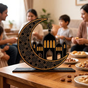Ramadan Kareem Eid Mubarak Table Decorations - Wooden Tabletop, Black Gold Islamic Ramadan Decoration for Home Party