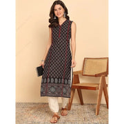 ભારતીય વંશીય શૈલીની મહિલાઓનો કાળો લીલો કોટન કુર્તા ટ્યુનિક ટોપ સ્લીવલેસ પેસલી પ્રિન્ટ સમર વેર કેઝ્યુઅલ કુર્તી ડ્રેસ