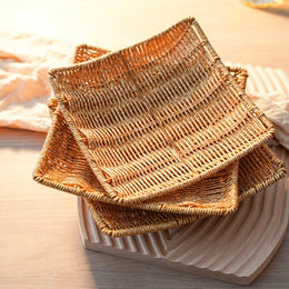Creative Fruit Plate Imitation Rattan Woven Retro Living Room Snack Storage and Placement Square Afternoon Tea Heart Plate