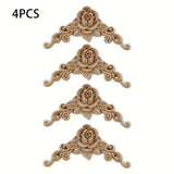 4pcs Natural Floral Wooden Figurines Crafts Wood Carved Corner Appliques Frame Wall Door Furniture Woodcarving Decorative