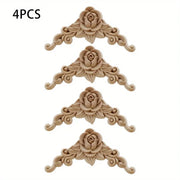 4pcs Natural Floral Wooden Figurines Crafts Wood Carved Corner Appliques Frame Wall Door Furniture Woodcarving Decorative