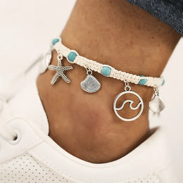 Vintage Style Hand-Knitted Anklet with Starfish & Shell Turquoise Retro Creative Beach Fashion Jewelry for Women And Men