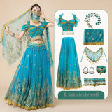 મહિલા ઉત્સવ હેલોવીન કોસ્પ્લે બેલી ડાન્સ ટોપ ડ્રેસ એડલ્ટ ઇન્ડિયન આરબ જાસ્મીન સાડી ફેન્ટસી રેવ બોલિવૂડ આઉટફિટ કોસ્ચ્યુમ સૂટ