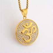 Hip Hop Iced Out Indian Buddhist Yoga Pendant Gold Color Stainless Steel Zircon OHM Hindu AUM OM Round Necklaces for Men Jewelry