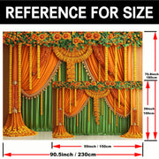 બહુમુખી ભારતીય પૂજા થીમ આધારિત પાર્ટી બેકડ્રોપ્સ - કેલેંડુલા માળા ડિઝાઇન, જન્મદિવસ, વર્ષગાંઠો અને વધુ માટે પોલિએસ્ટર