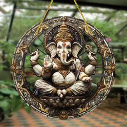 Indian Ganesha Stained Window Hanging Light Catcher,Acrylic,Suitable for All Season,Porch,Window Hanging,Home,Religious Decor