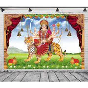2D flat, 1 piece Indian God background - traditional Hindu Goddess Devali goddess Durga with tiger