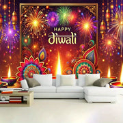 1pc 2D Flat Festive Diwali Party Banner - Vibrant Fireworks and Diya Design, No Power Required——sym