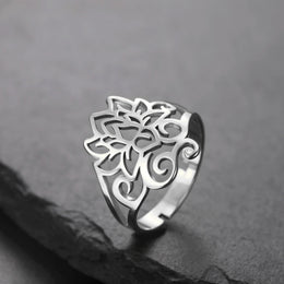 Skyrim Retro Lotus OM Symbol Open Ring Stainless Steel Women's Buddhist Adjustable Talisman Couple Anniversary Jewelry Gift